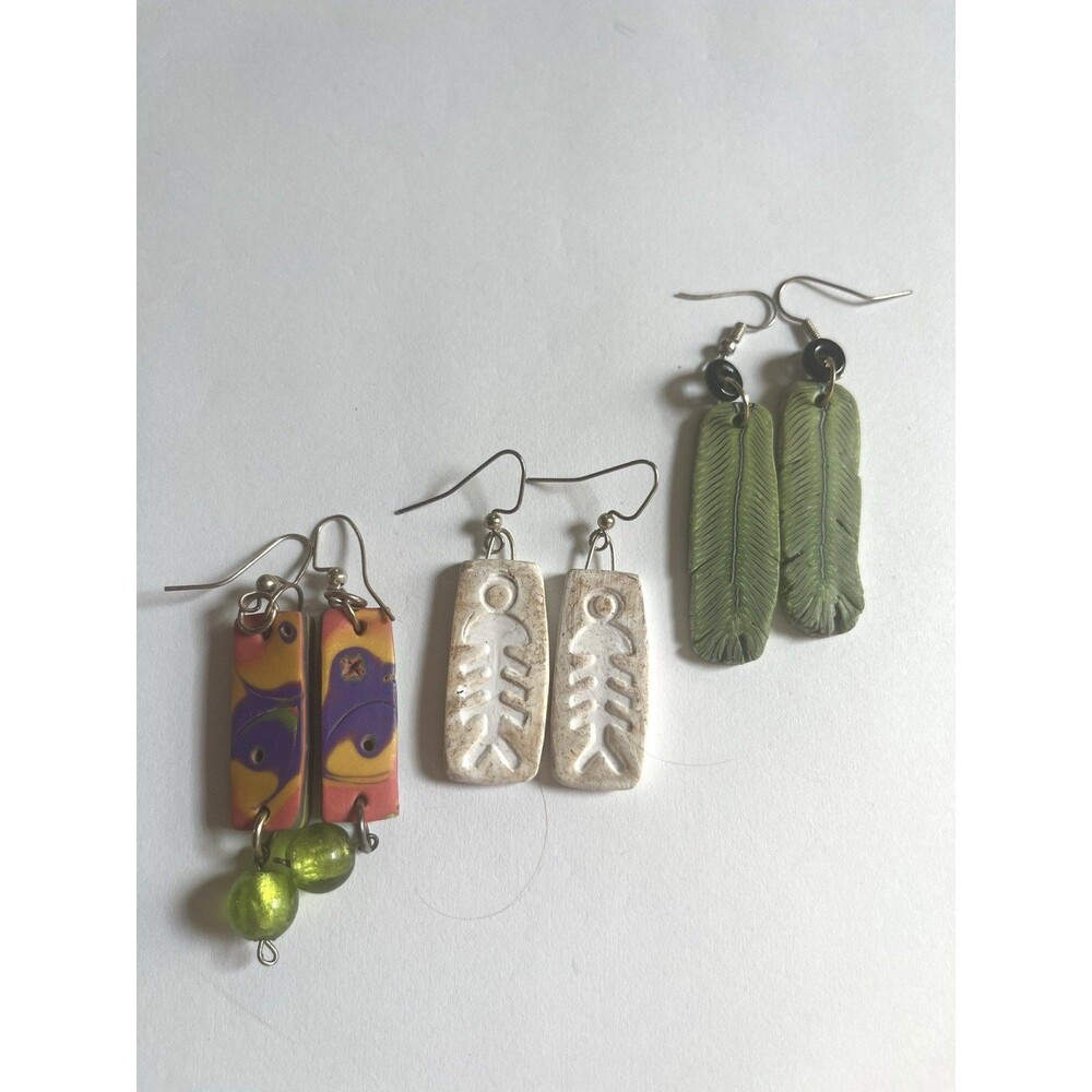 Lot 3 Pairs Artisan Boho Earrings Fish Skeleton Feather Colorful Dangle Novelty